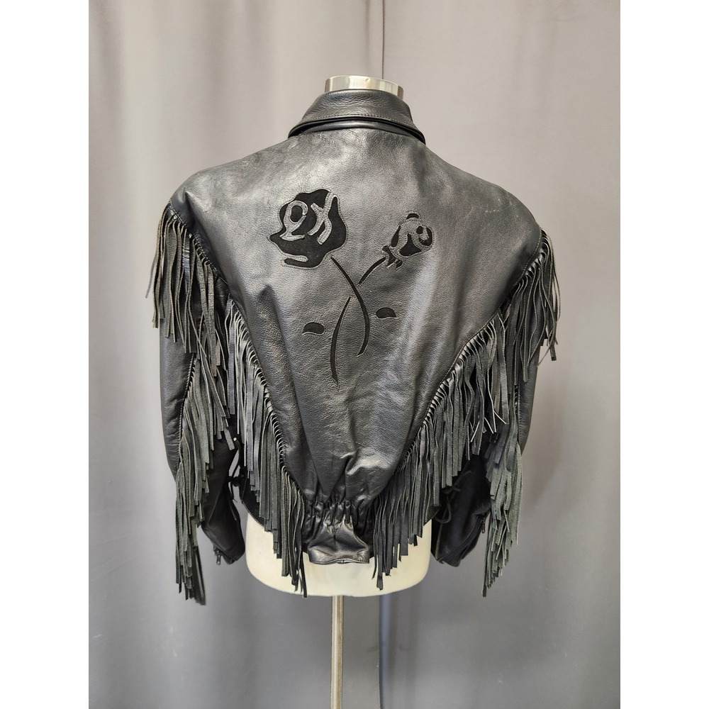 Vintage 90s Wilsons Leather Jacket Black Fringe Rose Floral Western Biker‎ Large - Picture 2 of 8